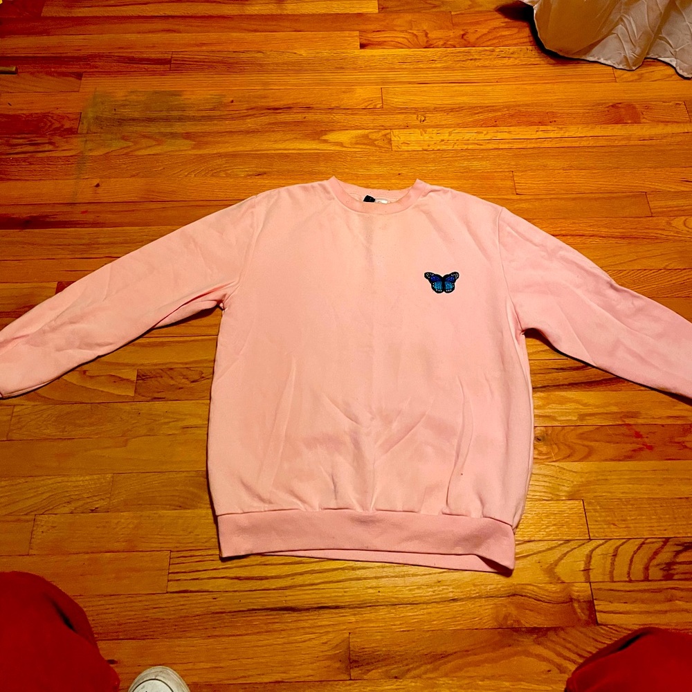 Men’s Pink Embroidered Butterfly Crewneck Sweater, Size M